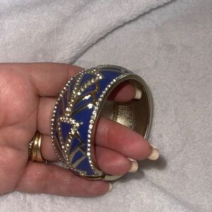 New Sequin enamel bangle bracelet art deco design blue and gold with rhinestones